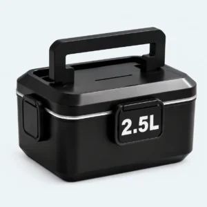 Grande lunch box chauffante 2,5 L noire, fermée avec sa poignée de transport