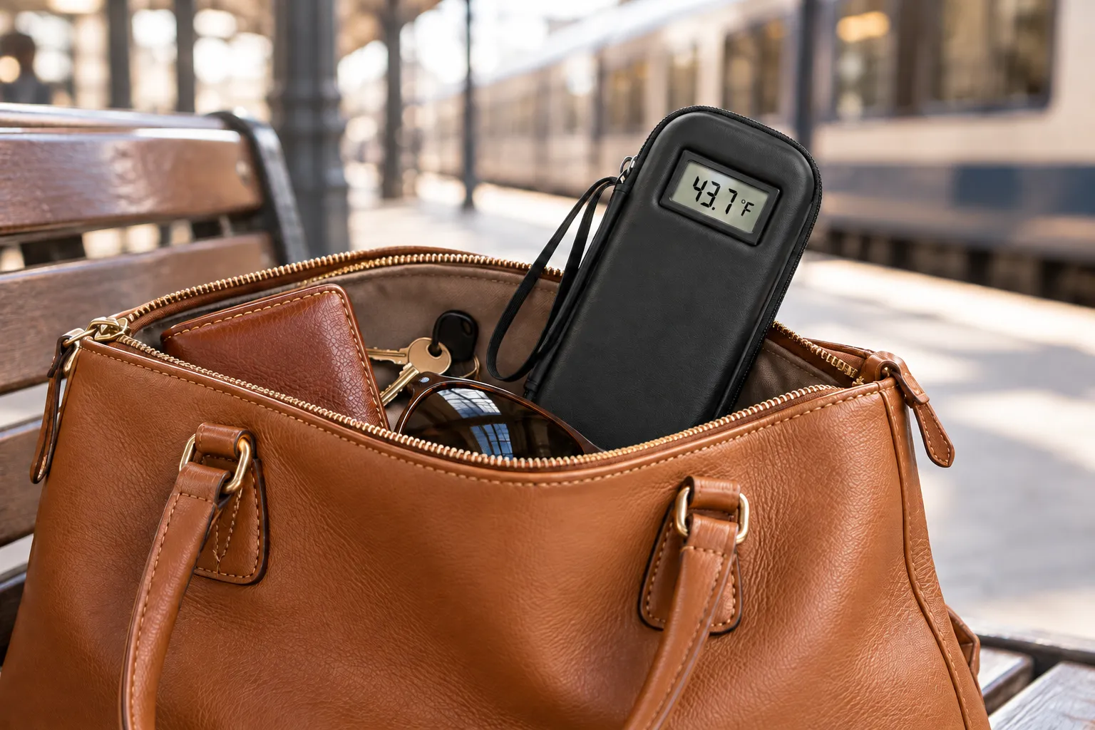 Pochette isotherme vaccin glissée dans un sac à main, afficheur à 43,7 °F