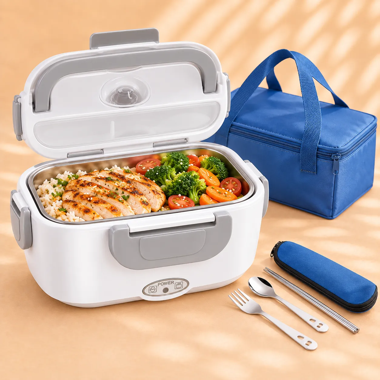 Lunch box chauffante ouverte avec un repas et son sac de transport bleu
