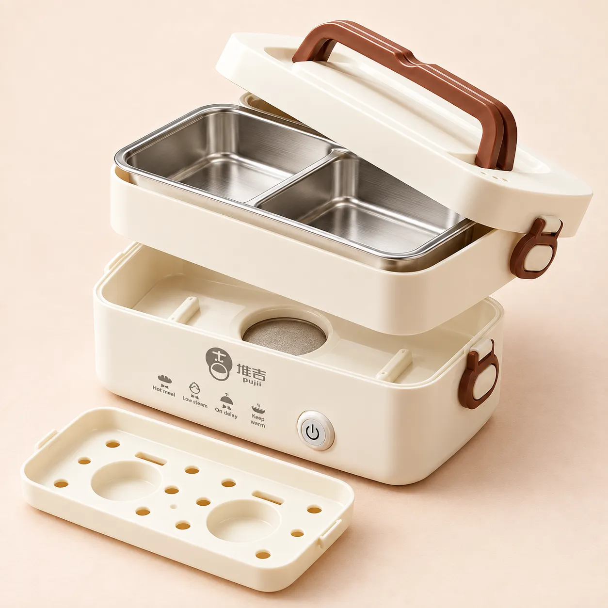 Repas réparti dans les cuves de la lunch box chauffante à deux niveaux
