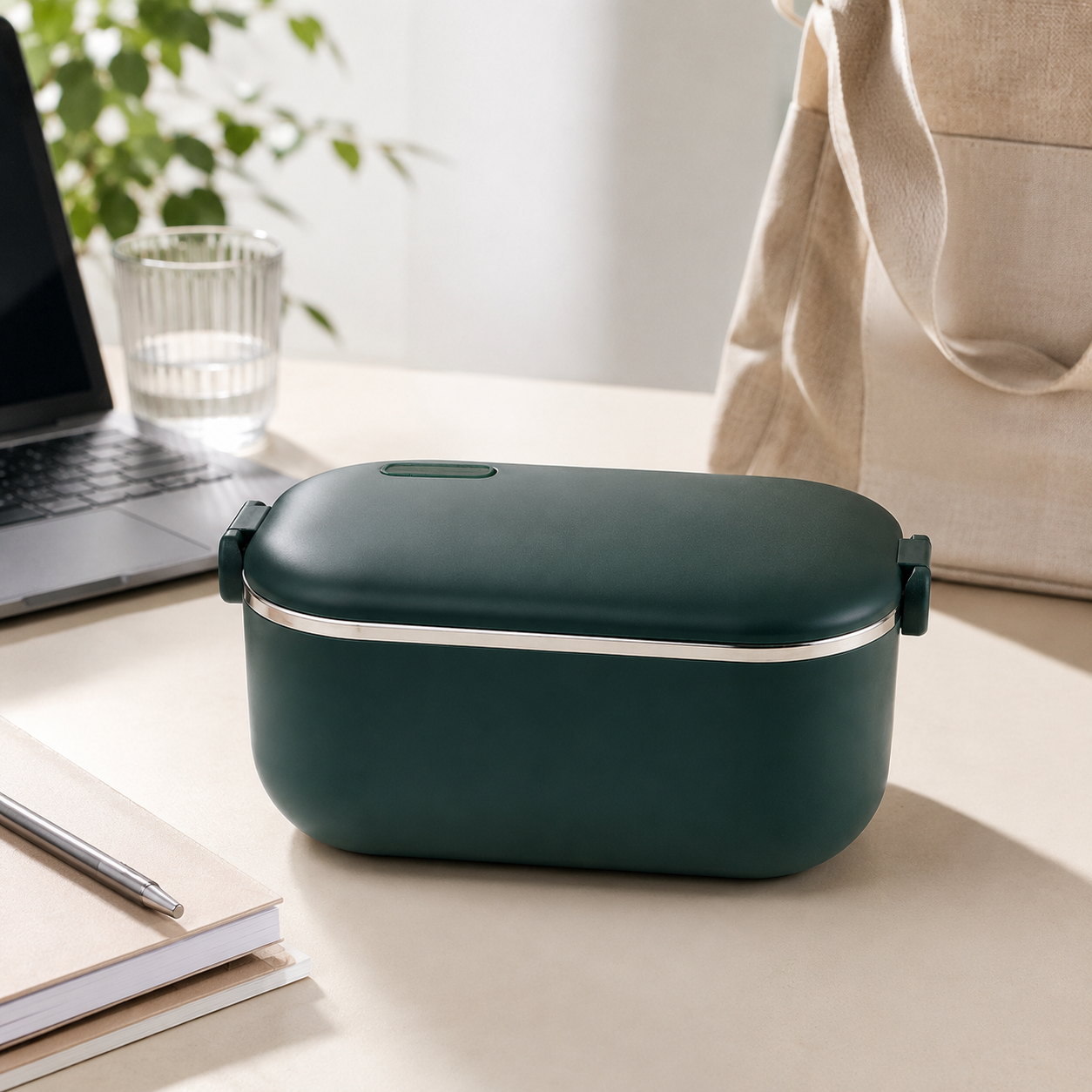 Lunch box chauffante verte de 1 L posée sur un bureau