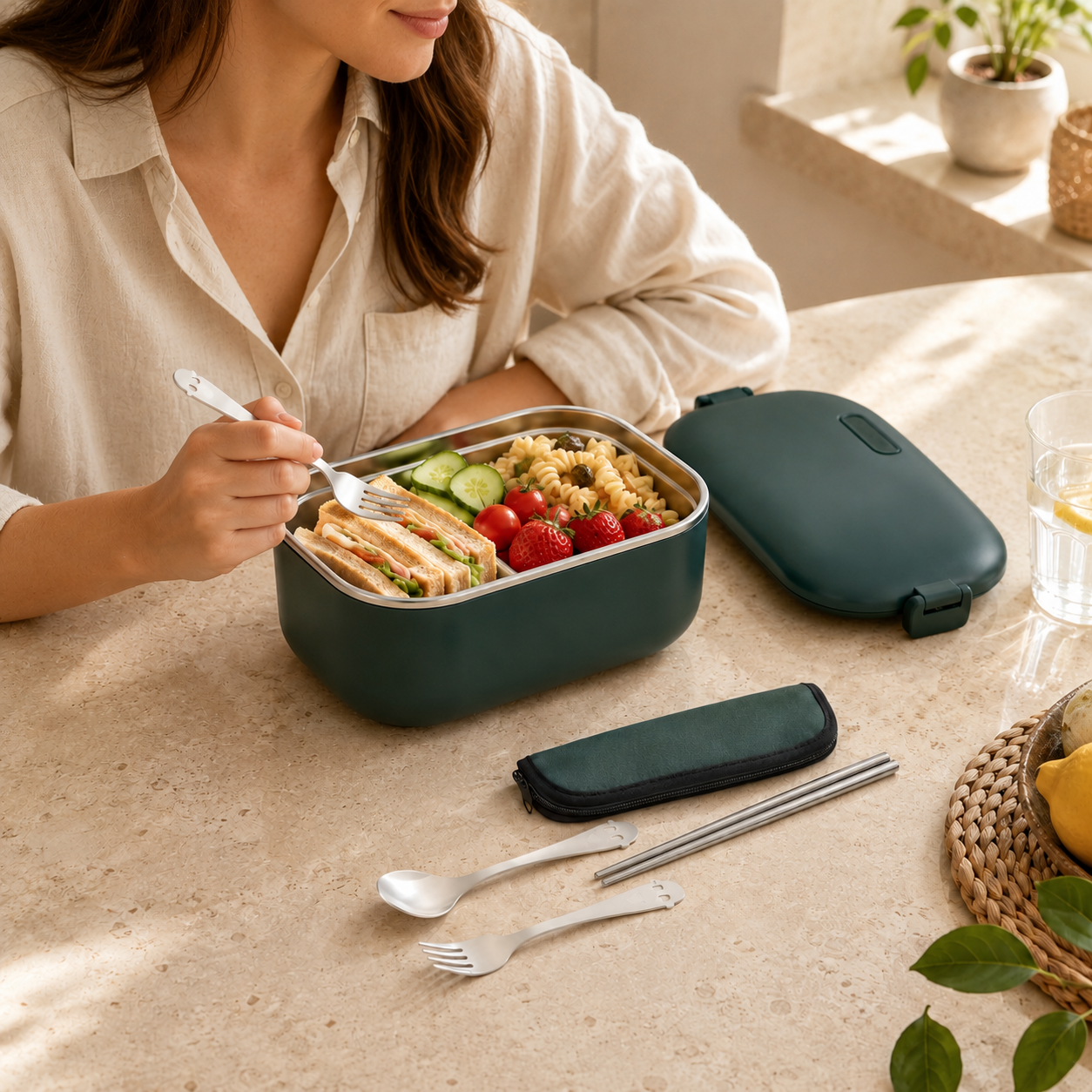 Lunch box verte ouverte avec un repas dans sa cuve en inox