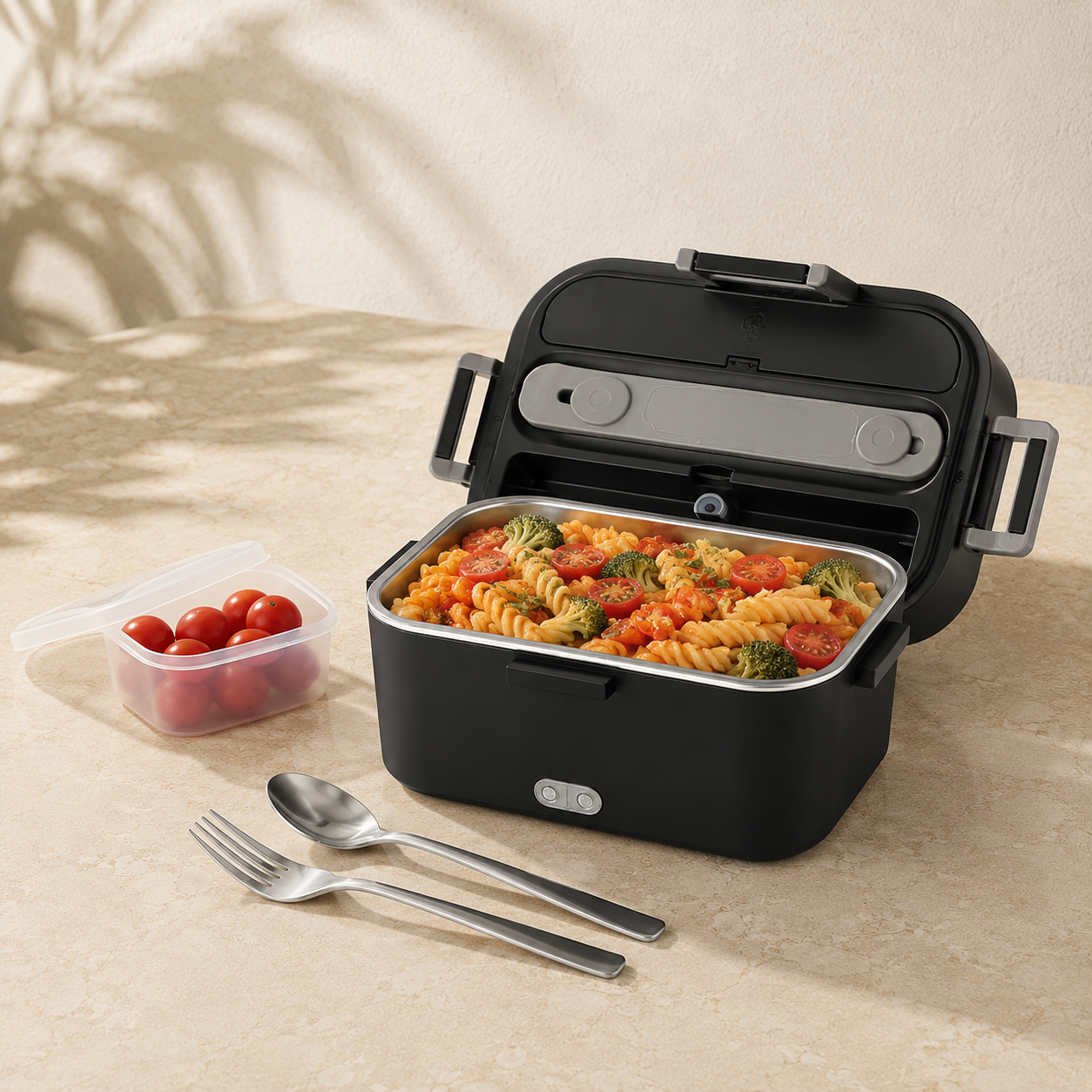 Boîte repas chauffante ouverte avec un plat et son récipient séparé