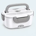 Lunch box chauffante inox 1,5 L blanche et grise, fermée avec sa poignée de transport