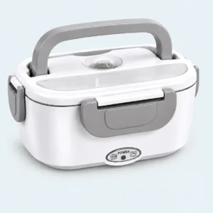 Lunch box chauffante inox 1,5 L blanche et grise, fermée avec sa poignée de transport