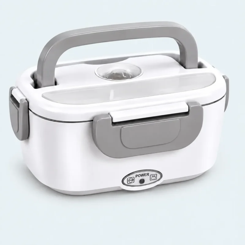 Lunch box chauffante inox 1,5 L blanche et grise, fermée avec sa poignée de transport