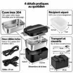 Planche technique : 4 détails pratiques de la boîte repas chauffante inox 304 1,8 L