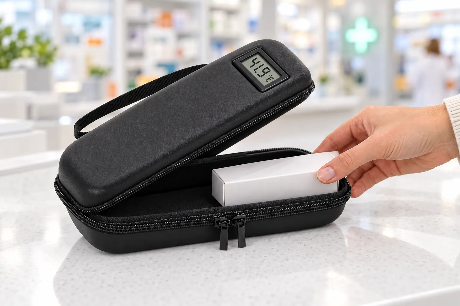 Pochette isotherme vaccin ouverte au comptoir d'une pharmacie, écran affichant 41,9 °F