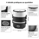 Planche technique : 4 détails pratiques de la boîte lunch électrique chauffante 3 étages 2 L