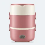 Boîte lunch électrique chauffante 3 étages rose et crème, fermée par ses clips