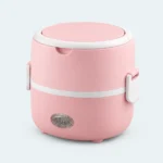 Boîte lunch électrique chauffante 2 étages rose et blanc, fermée par ses clips