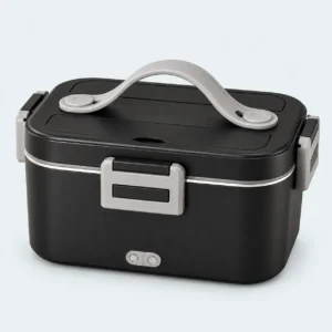 Boîte repas chauffante noire de 1,8 L en inox 304 avec poignée et attaches grises
