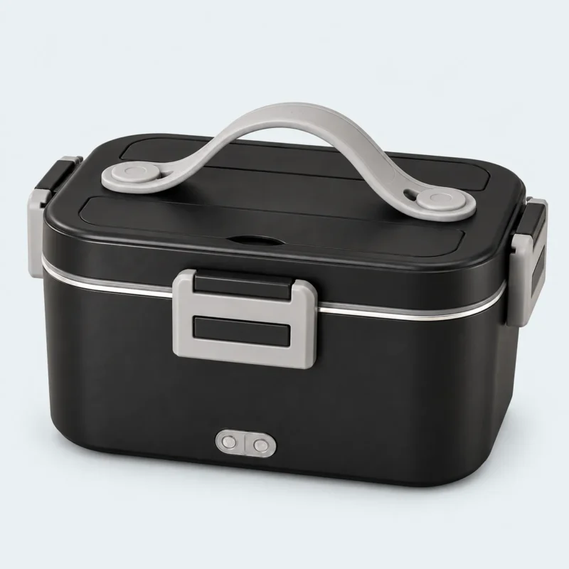 Boîte repas chauffante noire de 1,8 L en inox 304 avec poignée et attaches grises