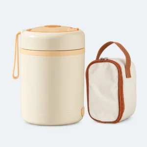 Thermos chauffant USB crème 0,6 L et son sac de transport à poignée marron