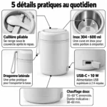 Planche des 5 détails de la lunch box électrique chauffante USB-C 0,6 L : cuillère pliable, cuve inox 304, dragonne, port USB-C 10 W et chauffage doux 55-60 °C