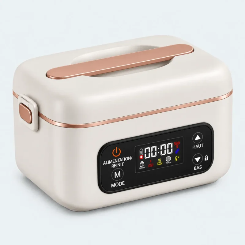 Lunch box chauffante batterie rose de 1 L avec poignée intégrée, attaches latérales et écran de commande en façade.