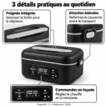 Planche technique : 3 détails pratiques de la lunch box chauffante batterie 1 L inox 304, 50 W