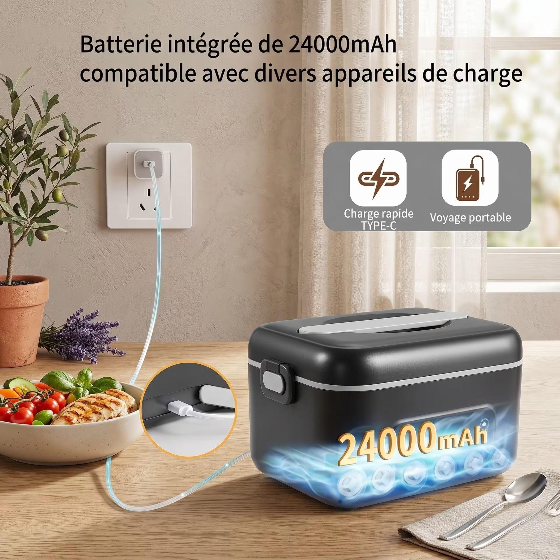 Lunch box chauffante batterie - 1 L inox repas nomade – Image 2