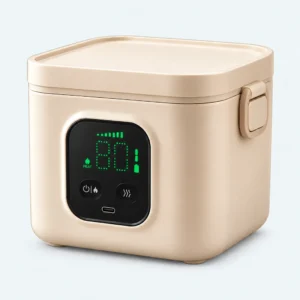 Lunch box électrique rechargeable beige avec écran LED tactile, boutons de commande et port USB-C
