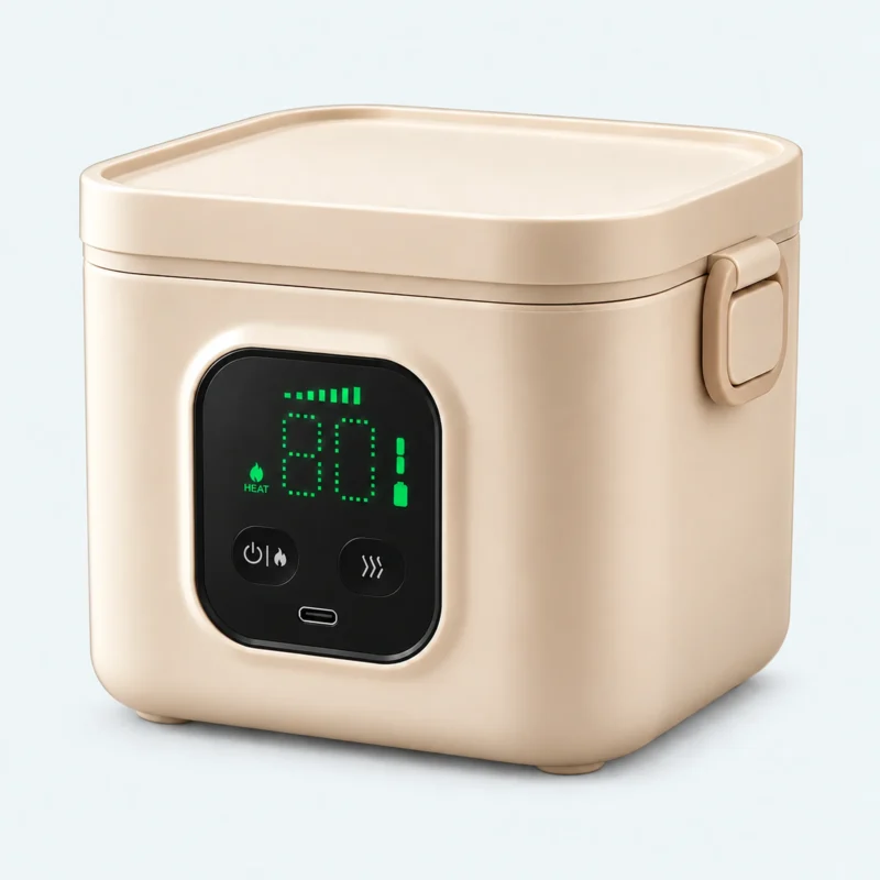 Lunch box électrique rechargeable beige avec écran LED tactile, boutons de commande et port USB-C