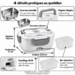Planche technique : 4 détails pratiques de la lunch box chauffante inox 1,5 L avec sac