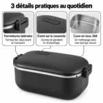 Planche technique : 3 détails pratiques de la lunch box chauffante inox 304 1 L, 48 W