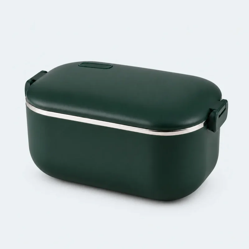 Lunch box chauffante verte de 1 L avec cuve en inox 304, couvercle et clips latéraux