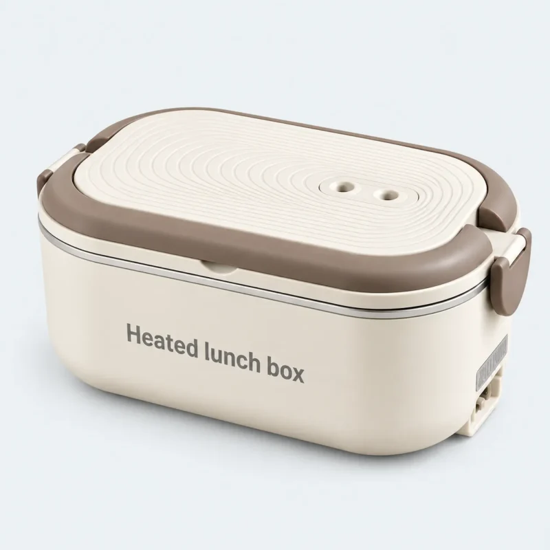 Lunch box chauffante kaki fermée avec couvercle et fermetures latérales