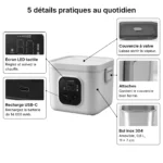 Cinq détails pratiques de la lunch box électrique rechargeable : écran LED tactile, recharge USB-C, couvercle à valve, attaches et bol inox 304
