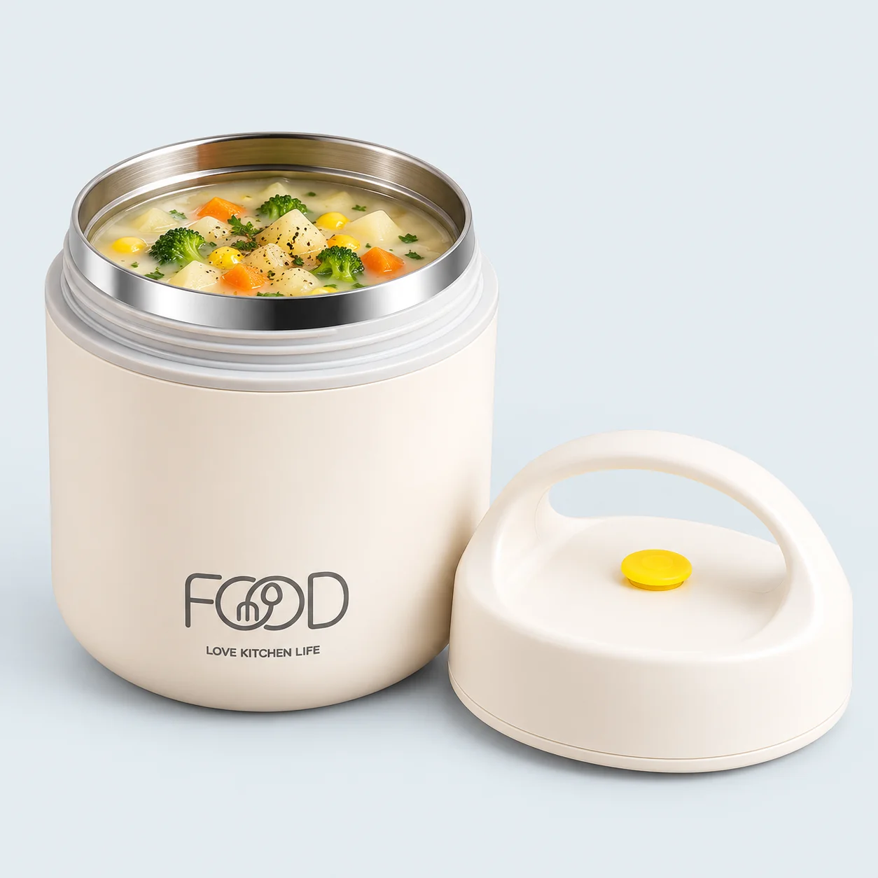 Thermos repas chaud inox 460 ml ouvert, rempli d’une soupe aux légumes, avec son couvercle à poignée posé à côté