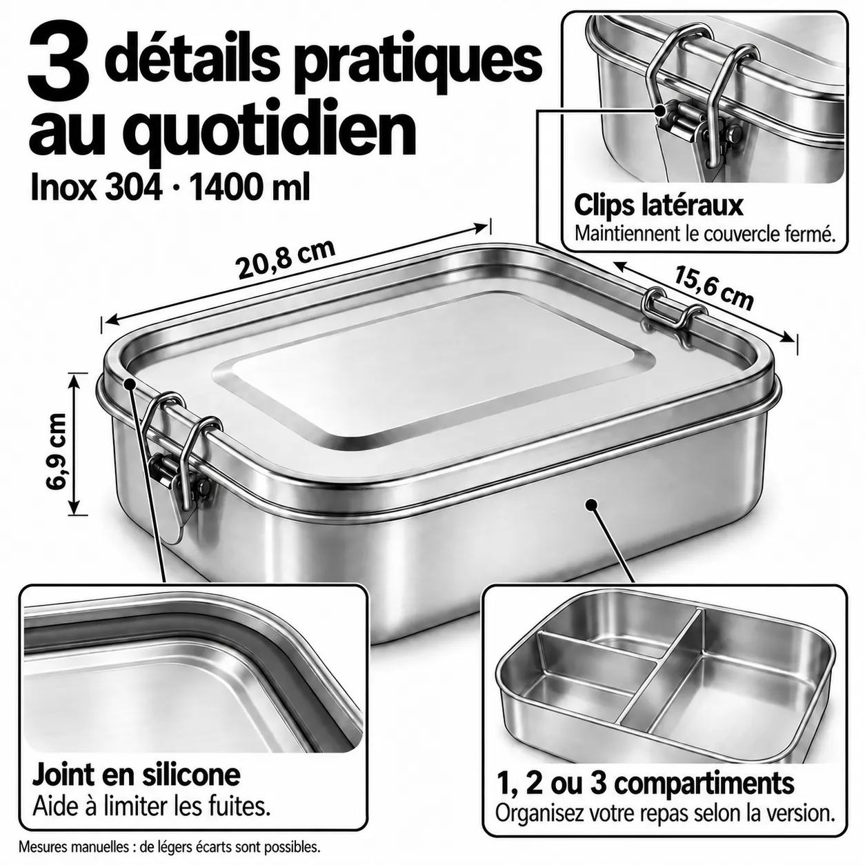 3 détails pratiques de la lunch box inox 304 1400 ml : clips latéraux, joint silicone et 1, 2 ou 3 compartiments, dimensions 20,8 × 15,6 × 6,9 cm