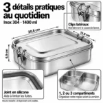 3 détails pratiques de la lunch box inox 304 1400 ml : clips latéraux, joint silicone et 1, 2 ou 3 compartiments