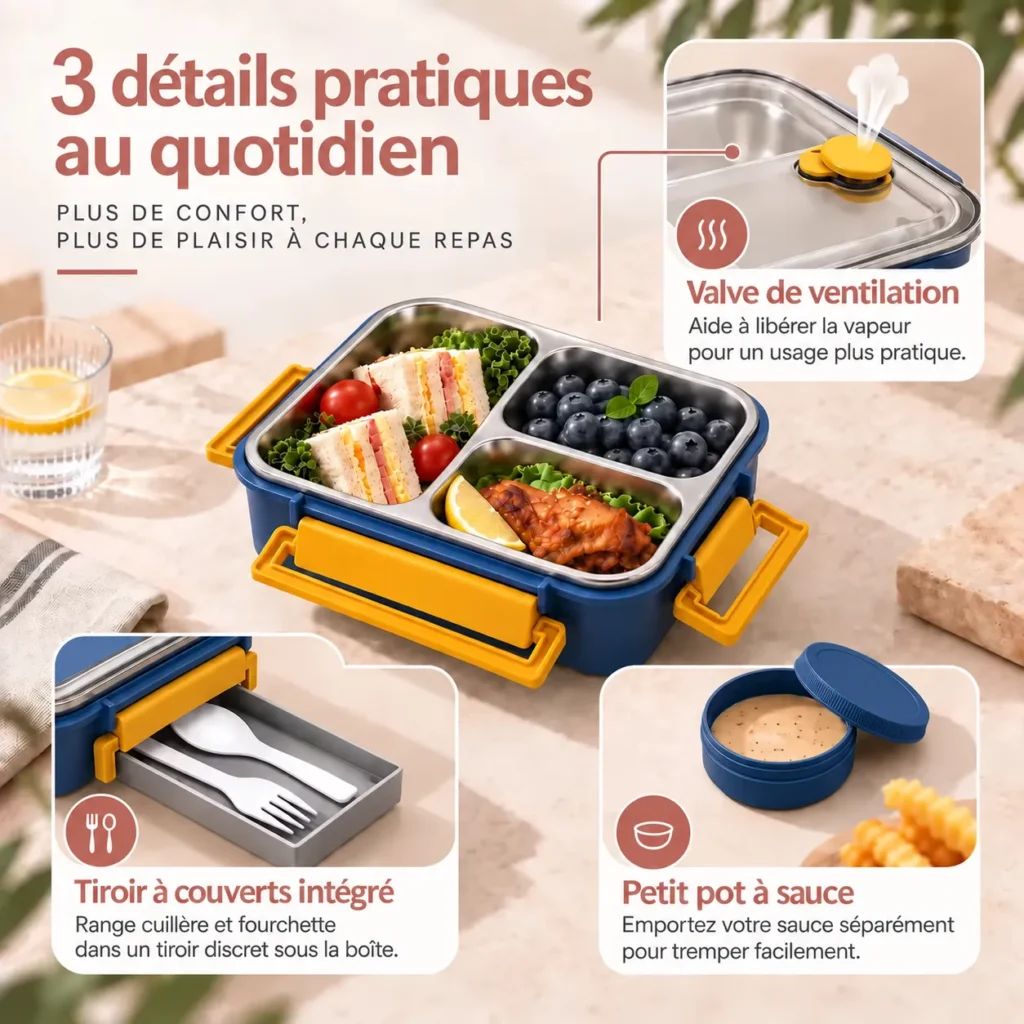 Détail de la lunch box inox isotherme compartimentée bleue