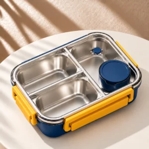 Lunch box inox isotherme 850 ml 3 compartiments bleu et jaune
