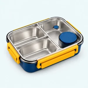 Lunch box inox isotherme 850 ml 3 compartiments bleue, clips jaunes et pot à sauce
