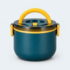 Lunch box inox ronde bleue 1 étage, 1000 ml, poignée et clips jaunes