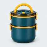 Lunch box inox ronde bleue 2 étages, 1600 ml, poignée et clips jaunes