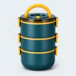 Lunch box inox ronde bleue 3 étages, 2200 ml, poignée et clips jaunes