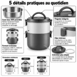 5 détails pratiques de la lunch box inox ronde à étages : cuve inox 304 amovible, poignée intégrée, format à niveaux, clips latéraux et entretien simple