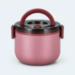 Lunch box inox ronde vieux rose 1 étage, 1000 ml, poignée et clips bordeaux