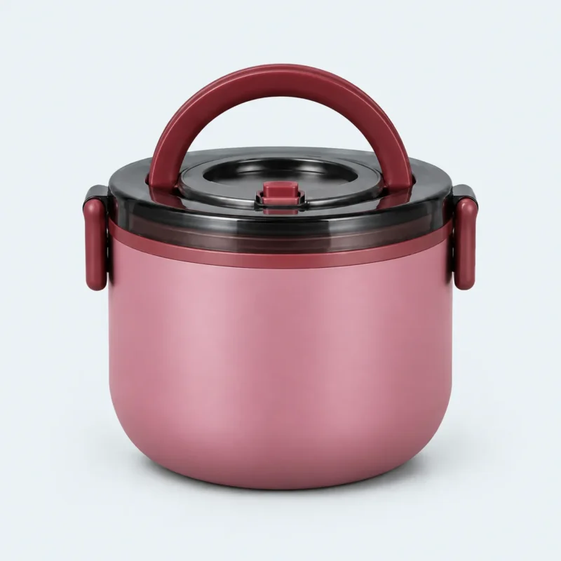 Lunch box inox ronde vieux rose 1 étage, 1000 ml, poignée et clips bordeaux