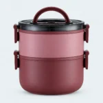 Lunch box inox ronde vieux rose 2 étages, 1600 ml, poignée et clips bordeaux