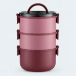 Lunch box inox ronde vieux rose 3 étages, 2200 ml, poignée et clips bordeaux