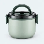 Lunch box inox ronde verte 1 étage, 1000 ml, poignée et clips vert foncé