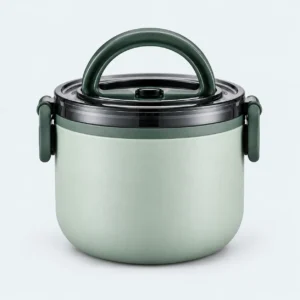 Lunch box inox ronde verte 1 étage, 1000 ml, poignée et clips vert foncé