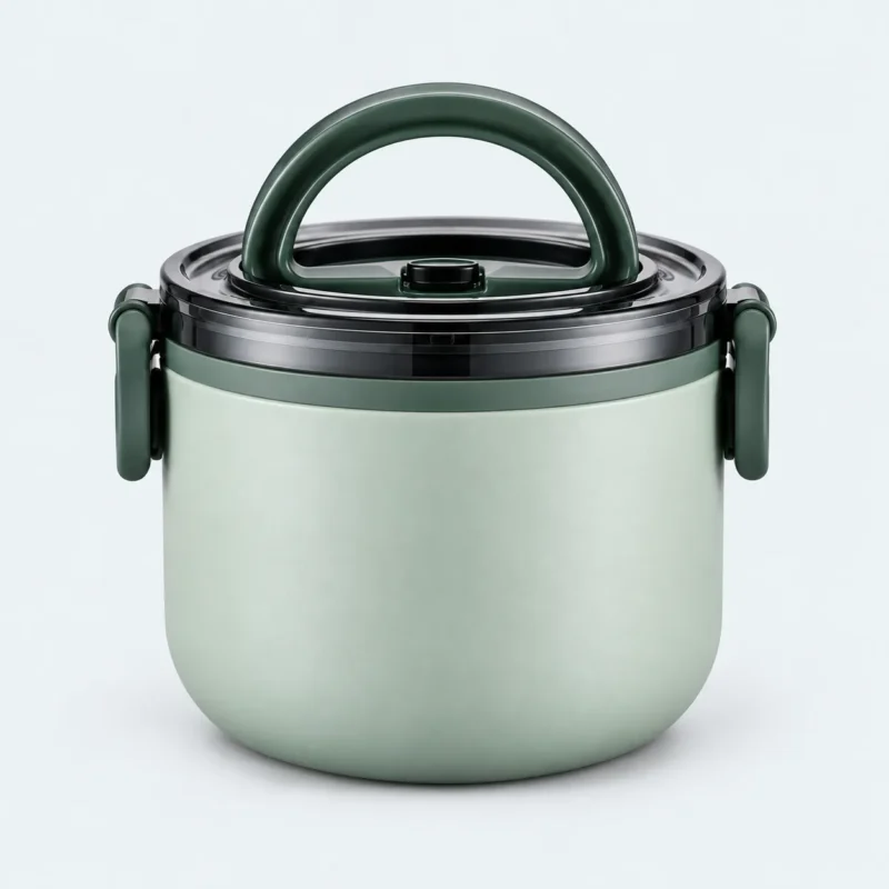 Lunch box inox ronde verte 1 étage, 1000 ml, poignée et clips vert foncé