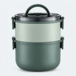 Lunch box inox ronde verte 2 étages, 1600 ml, poignée et clips vert foncé