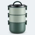 Lunch box inox ronde verte 3 étages, 2200 ml, poignée et clips vert foncé