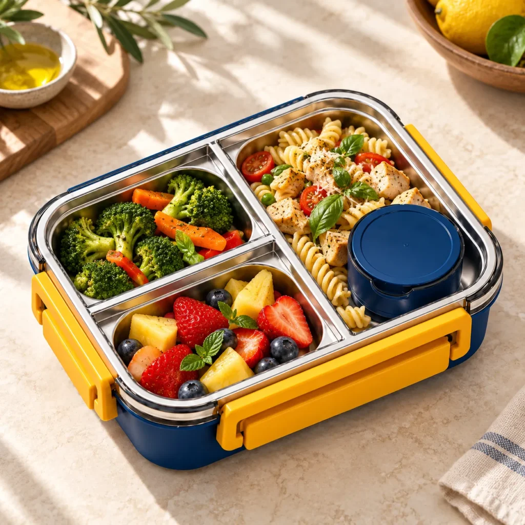 Repas réparti dans les 3 compartiments de la lunch box inox isotherme 850 ml