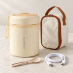 Thermos chauffant USB-C crème avec sac, cuillère pliable et câble USB-C